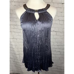Sundance High Neck Sleeveless Beaded Whimsygoth Y2K Top Medium Crinkle Navy Sati